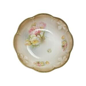 Vintage Schumann Bavaria 9 3/4” Porcelain Cabinet‎ Bowl Pink & Yellow Roses Gold